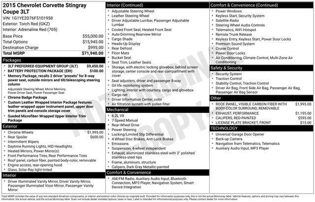 2015 Chevrolet Corvette Stingray Stingray Coupe 3LT