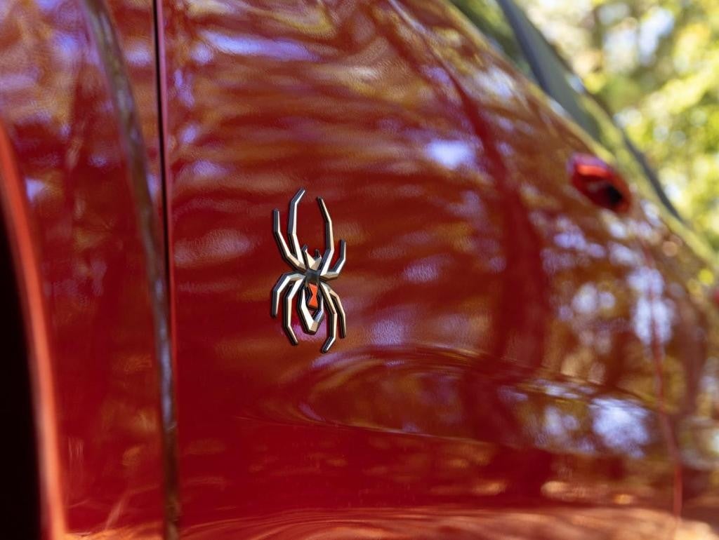 Black Widow spider emblem on a glossy red truck